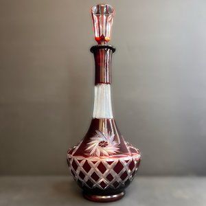 Marika Crystal Olive Grinder Red Glass Cut To Clear Decanter / Genie Bottle